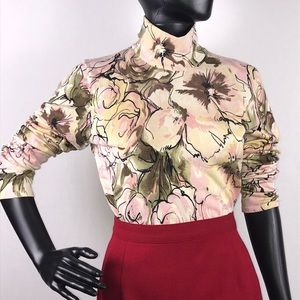 Talbots | Pink & Green Flower Design Turtleneck